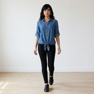 I.N. Studio Denim-Look Button Down Tie Front Shirt NWT LARGE PETITE